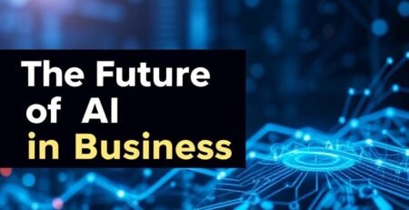 Future of AI in Business showing artificial intelligence, automation, data analytics, and digital transformation.
