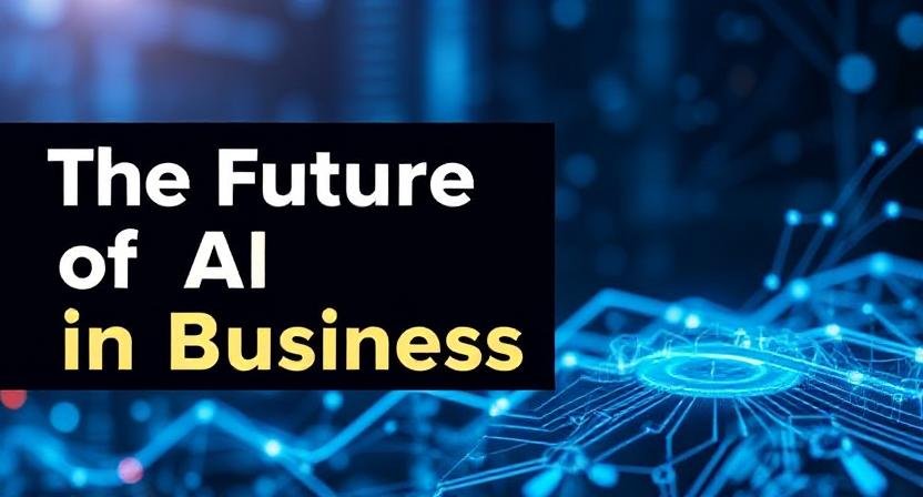 Future of AI in Business showing artificial intelligence, automation, data analytics, and digital transformation.
